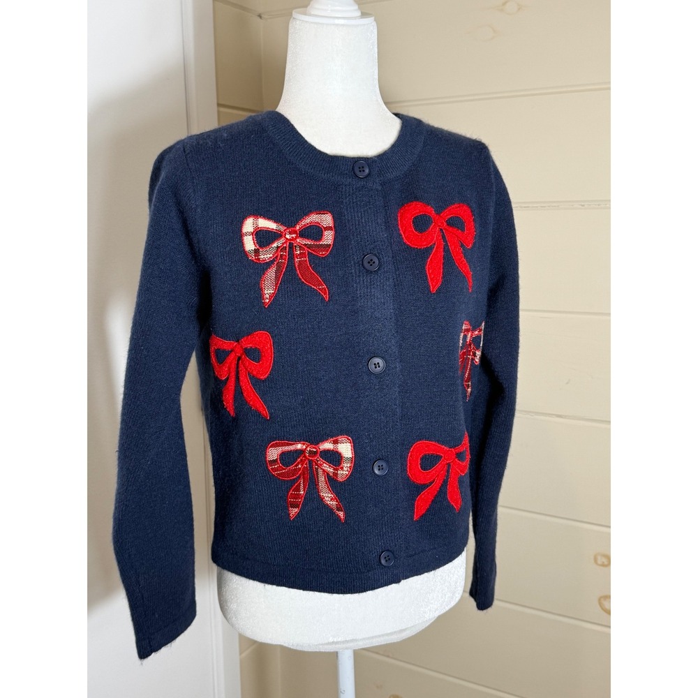 Threaded Leaf Cardigan Sweater Bow Plaid Navy Red XS Preppy Coquette Academia